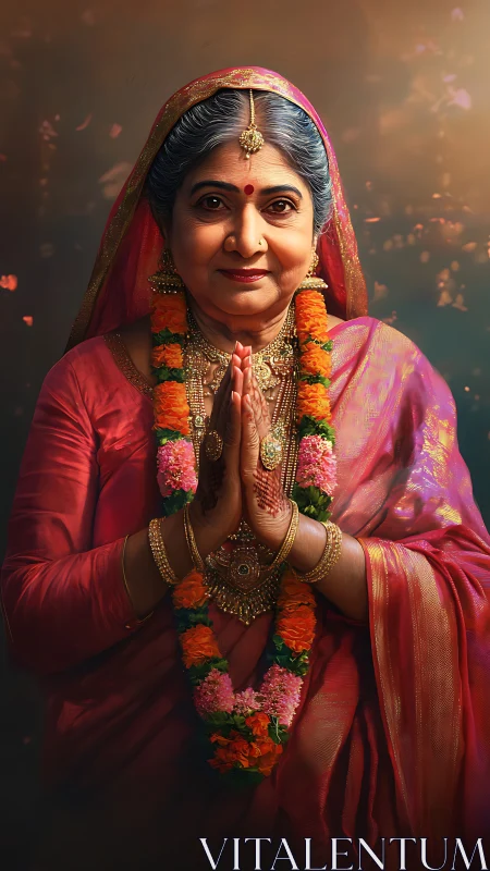 Elderly Indian woman greets with namaste in festive saree