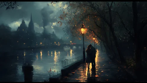 Rainy Evening Waterfront Romance. Gothic Castle Silhouette.