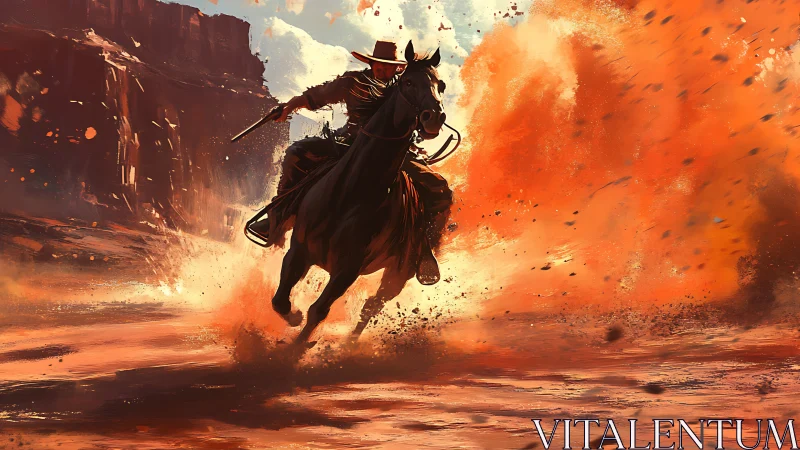 Outlaw rider storms the blazing canyon in scarlet dust.