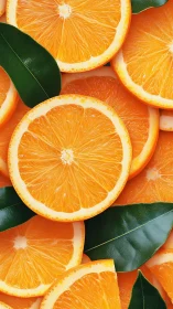 Vibrant orange slices and glossy leaves in tight composition.