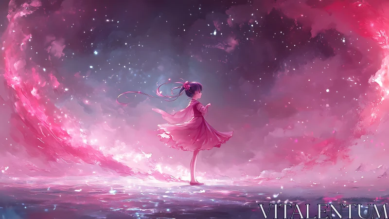 Stargazing girl drifts through swirling pink cosmic tides.