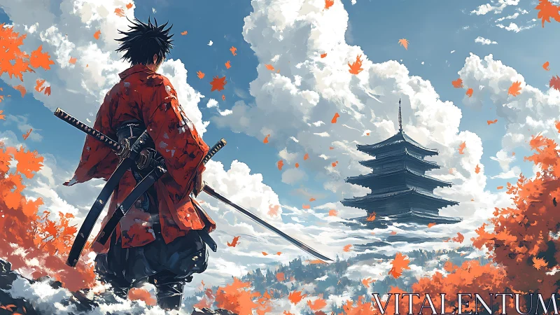 Samurai observes distant pagoda amid autumn cloud inversion