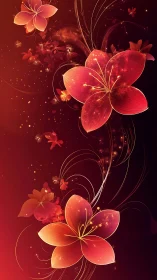 Luminous Red Floral Bloom. Digital Fractal Flowers Against Deep Crimson Gradient.