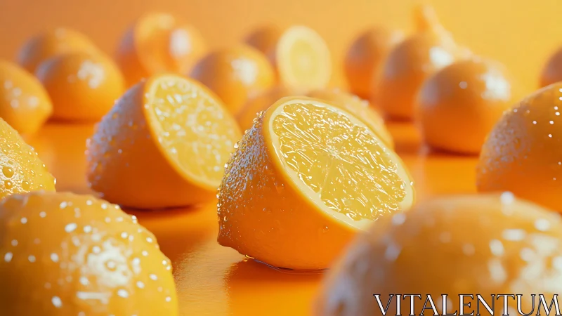 Wet lemon halves arranged on reflective orange surface.