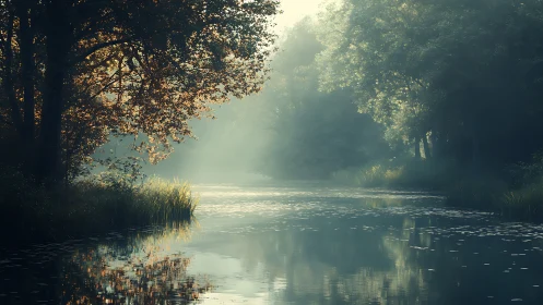 Digital painting of misty riverside woodland in soft dawn light.