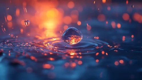 Suspended water droplet with concentric ripples at impact point.