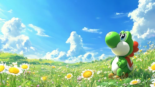 Sunny meadow daydream with a green dino in daisies.