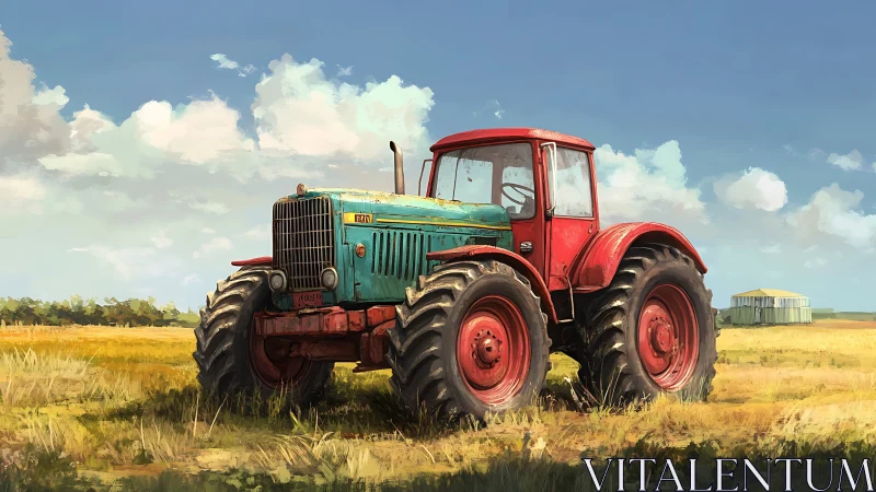 Sunlit vintage tractor rests proudly in golden farm field