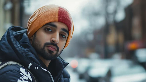 Winter street portrait with orange beanie and soft bokeh background.