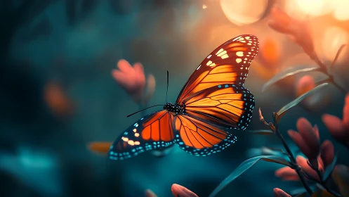 Gentle monarch butterfly drifting through twilight blooms.