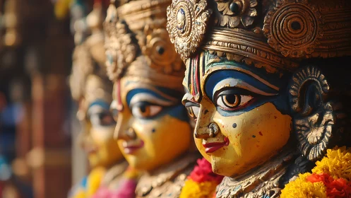 Golden Hindu deity statues glow in warm temple light