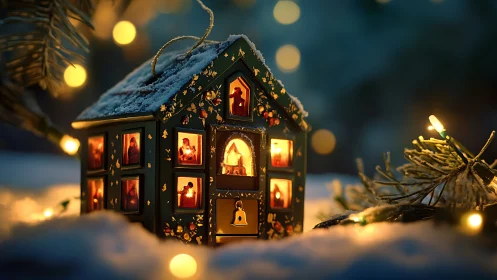 Miniature snow-covered lantern house glows in shallow depth of field