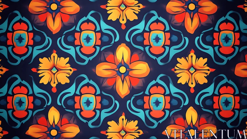 Symmetrical floral tiling pattern uses bold contrasting colors