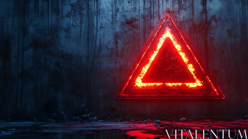 Luminous red warning triangle glows against wet industrial wall