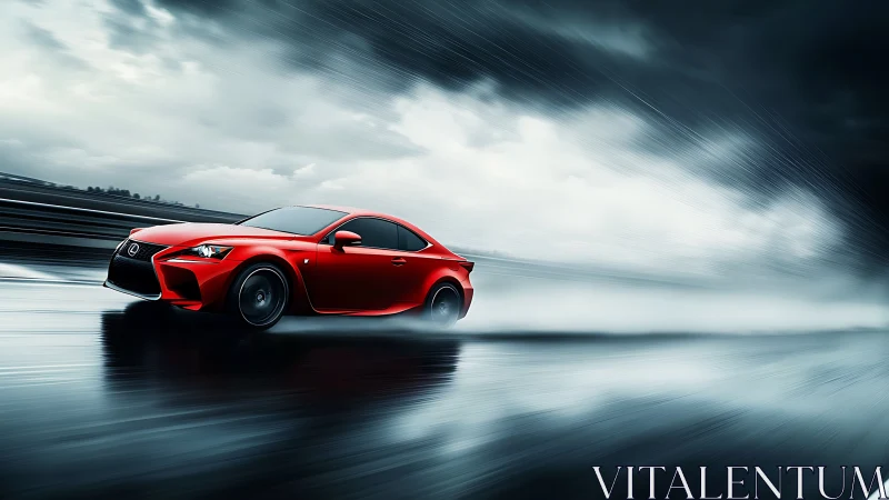 Red sports coupe powers through wet track under stormy sky.