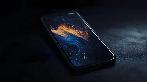 Modern smartphone with cosmic abstract wallpaper, dark moody style.