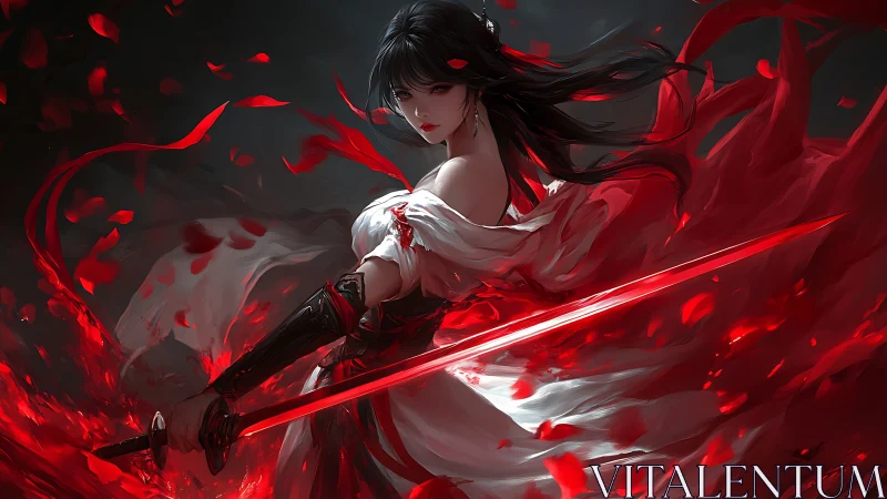 Female swordswoman with red energy and swirling petals.