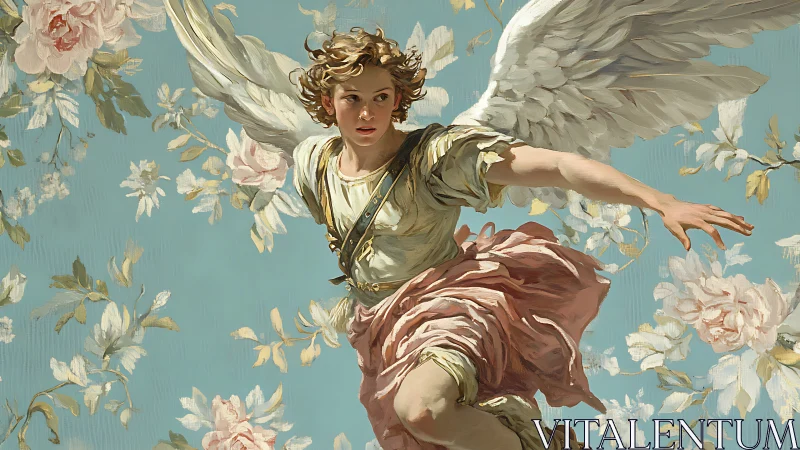 Baroque-style winged figure crossing floral cerulean sky.