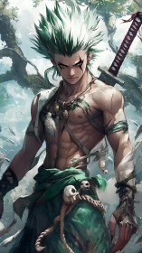 Forest warlord with storm-white hair and feral resolve.