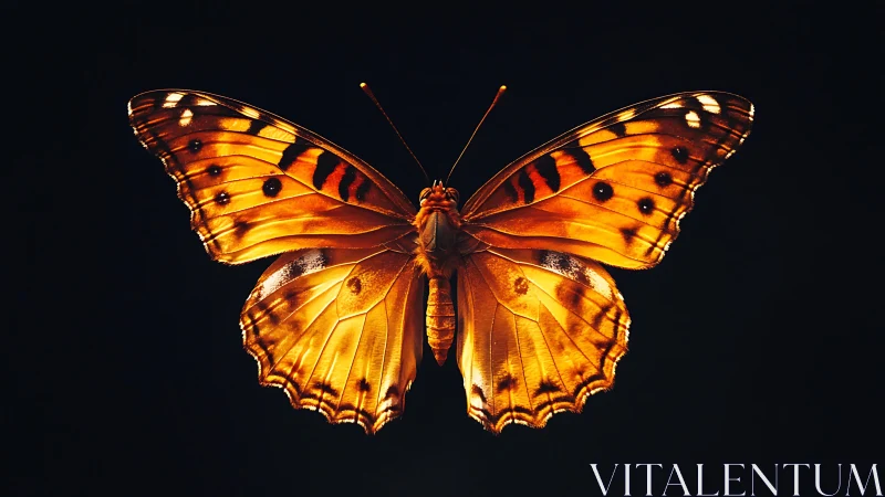 Golden butterfly wings spread on deep black background.