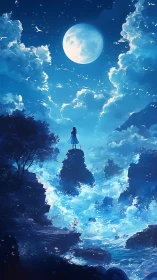 Girl on cliff under bright full moon above glowing sea.