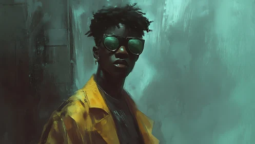 Neon shadow wanderer in mirrored shades and amber coat.