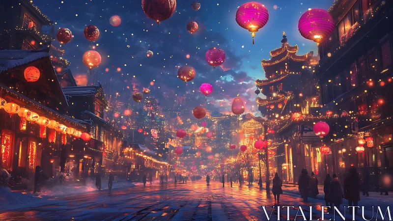 Lantern-lit winter avenue dreaming under festival skies.