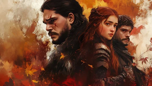 Autumn warriors standing strong in a storm of falling leaves.