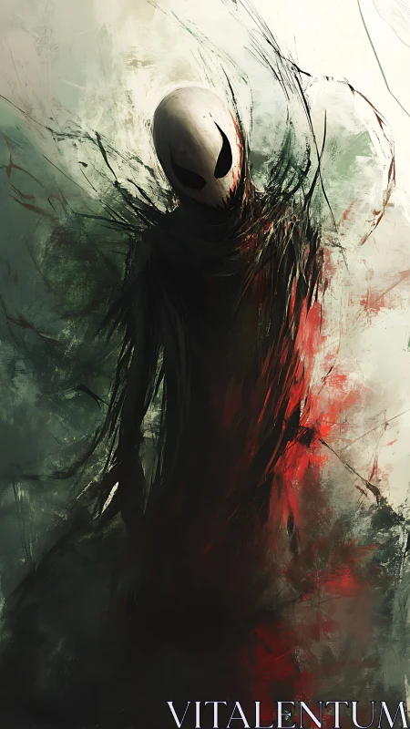 Abstract humanoid figure with mask in dark swirling forms.