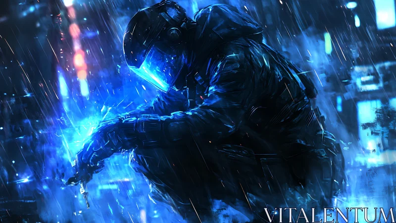 Electric night warrior gathers power in a neon storm