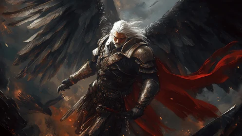 Armored winged warrior with sword in storm-lit sky scene.