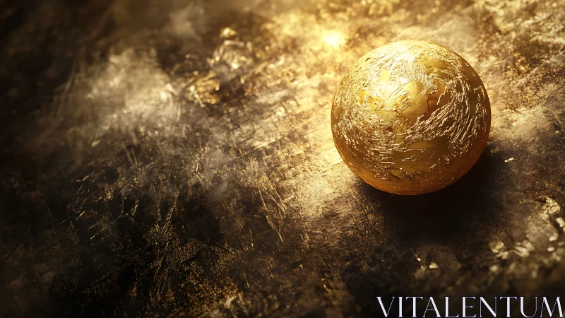 Textured golden sphere on scratched metallic surface under hard light