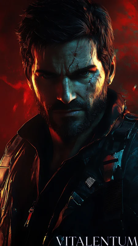 Cinematic warrior portrait with high contrast rim lighting and scars