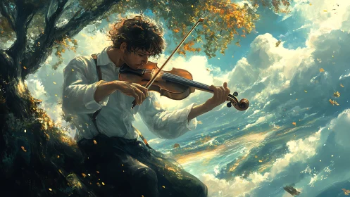 Violinist playing under tree amid bright swirling clouds.