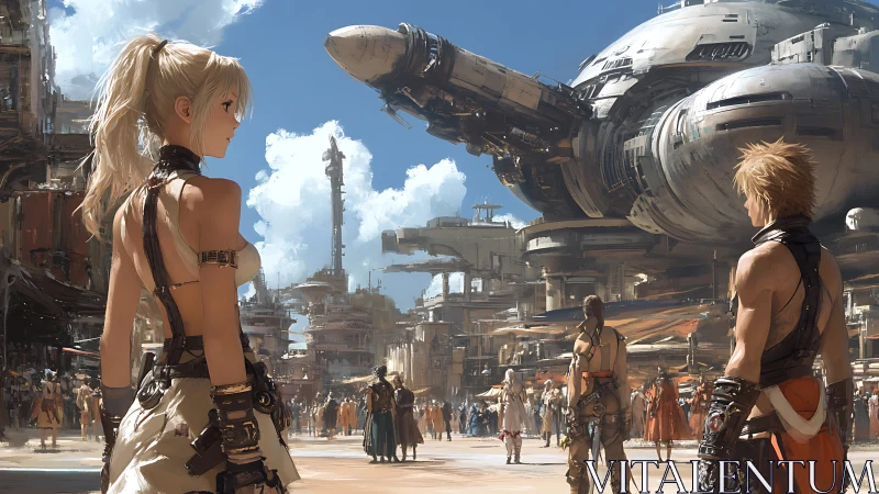 Futuristic plaza scene with spacecraft and armed figures.