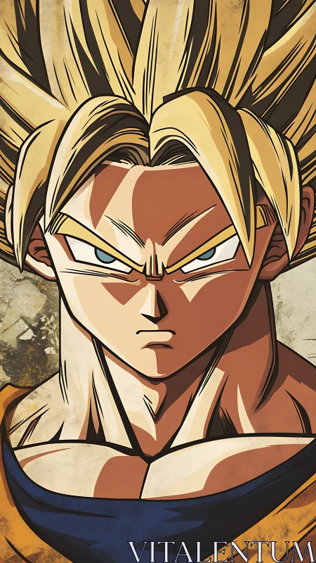 Fierce golden‑haired warrior stands strong in bold anime art