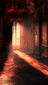 Sunlit gothic corridor glows with eerie amber radiance.