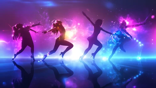 Neon silhouettes leap and dance across a glowing cosmic stage