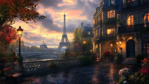 Parisian riverside courtyard at golden hour with Eiffel glow.