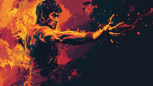 Martial artist strikes through blazing abstract flames.