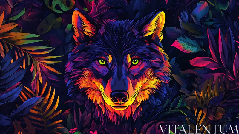 Neon wolf face glows amid lush, multicolored jungle foliage.