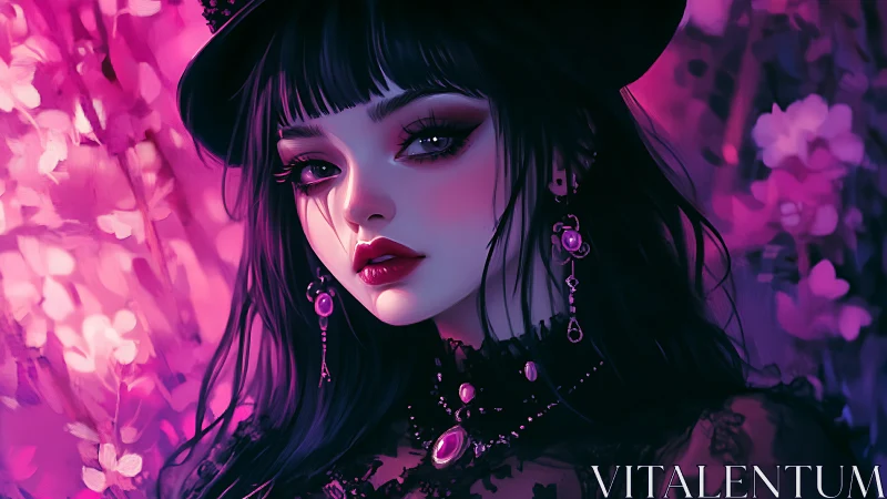 Gothic girl gazes under violet neon glow in floral haze