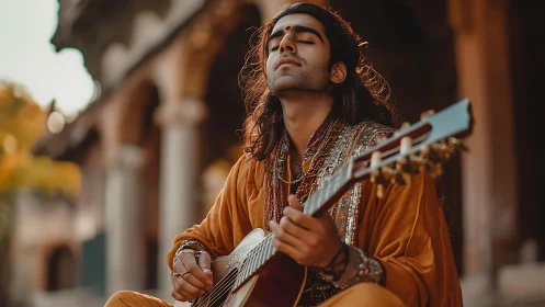 Photorealistic portrait of meditative guitarist in warm bokeh ambiance.