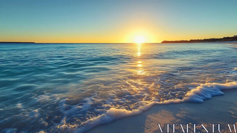 Golden hour shoreline with rippling teal surf and sunburst horizon.
