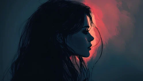 Side profile of woman in moody red and blue light.