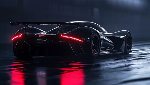 Low-angle rear view shows wet track hypercar illuminated