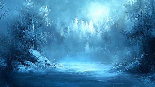 Moonlit winter river drifts through a softly glowing forest