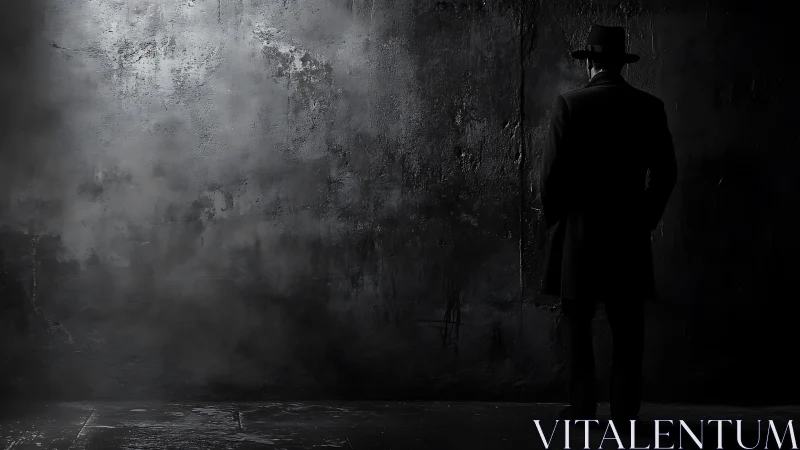 Noir silhouette against cracked concrete wall at night.