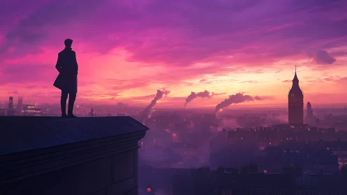 Dreamy city rooftop view under glowing violet sunrise.