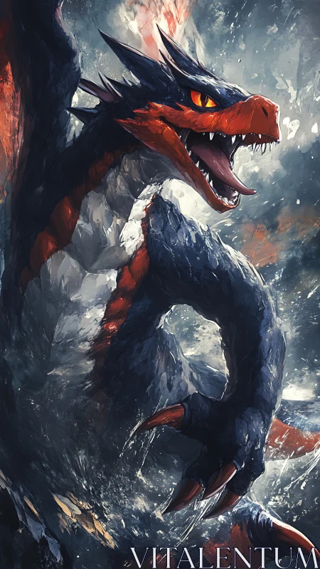 Armored aquatic dragon emerges amid turbulent splash dynamics